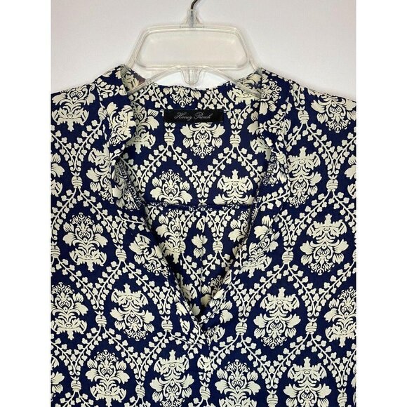 Honey Punch Damask Women's Long Sleeve Top Sz Small Blue Cream Sheer Sleeve EUC - Picture 2 of 6